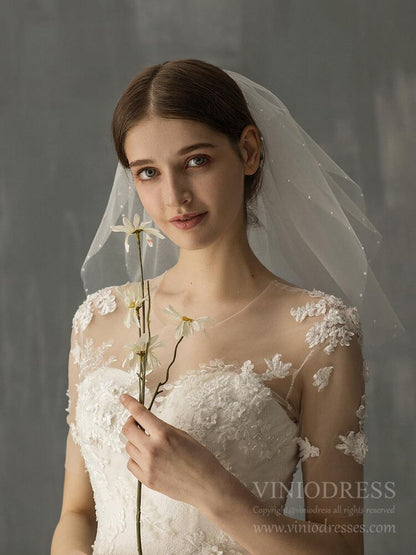 Two Tiers Short Bridal Veils with Pearls AC1237-Veils-Viniodress-Ivory-Viniodress