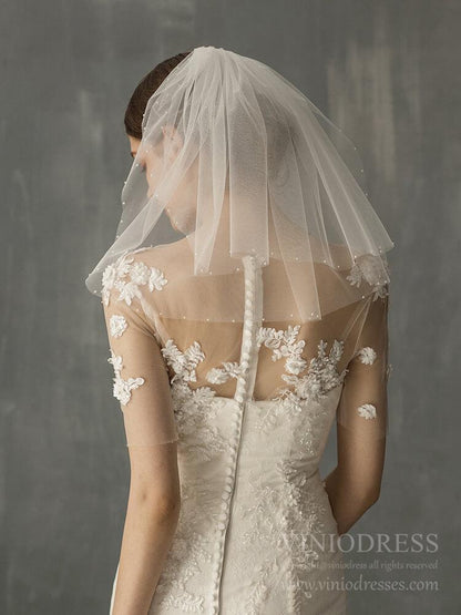 Two Tiers Short Bridal Veils with Pearls AC1237-Veils-Viniodress-Ivory-Viniodress