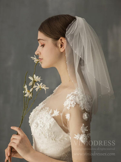 Two Tiers Short Bridal Veils with Pearls AC1237-Veils-Viniodress-Ivory-Viniodress