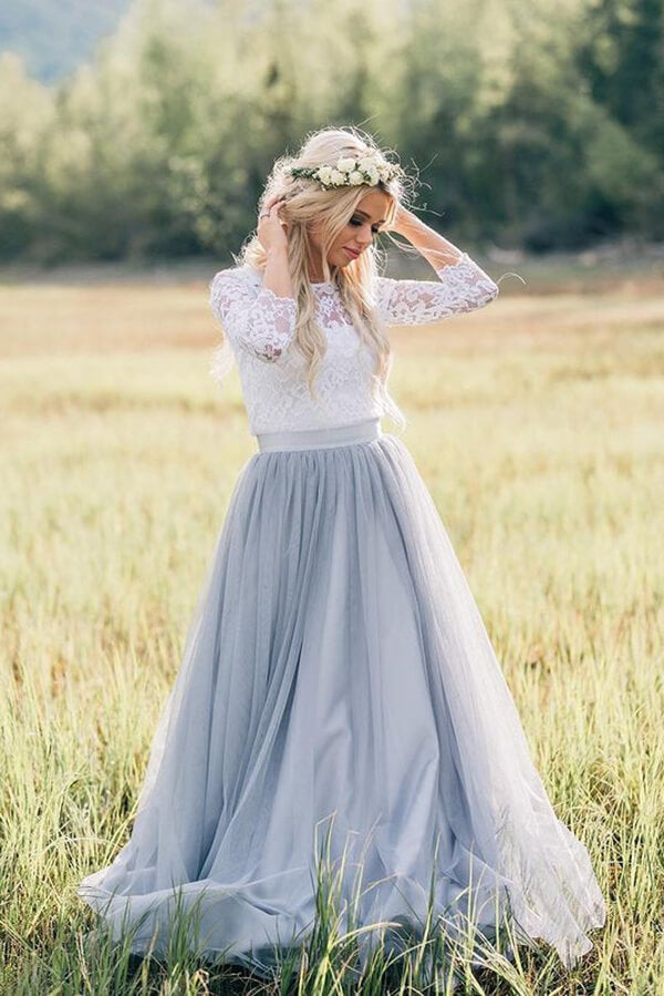 Two Pieces 3/4 Sleeves Boho Wedding Dresses, Lace Wedding Gowns, MW819 | long sleeves wedding dress | beach wedding dress | bridal outfit | musebridals.com