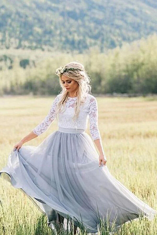 Two Pieces 3/4 Sleeves Boho Wedding Dresses, Lace Wedding Gowns, MW819 | outdoor wedding dresses | tulle wedding dresses | cheap lace wedding dress | musebridals.com