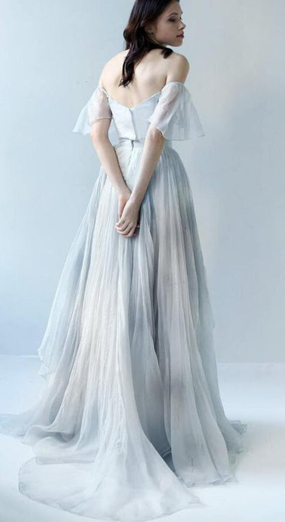 Unique Grey Blue Chiffon Off Shoulder Wedding Dresses, Bridal Gown, MW592 | chiffon wedding gown | wedding dresses online | bridal dresses | www.musebridals.com