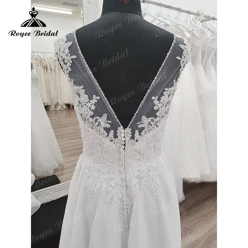 Roycebridal BRIDE,BRIDE EXPLORE All Wedding Dresses,BRIDE EXPLORE Custom Wedding Dresses 👗,BRIDE EXPLORE Plus SizeV Neck Cap Sleeve Lace Appliques Beadings Wedding Dress Floor Length Backless 2025 Elegant Vestidos Civil Bridal Gown Custom