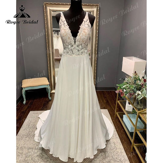 Roycebridal BRIDE,BRIDE EXPLORE All Wedding Dresses,BRIDE EXPLORE Custom Wedding Dresses 👗,BRIDE EXPLORE Plus SizeV Neck Lace Appliques Open Back Sleeveless A Line Boho Wedding Dress 2025 Vestidos Civil Bridal Gown Custom Made Elegant 2025