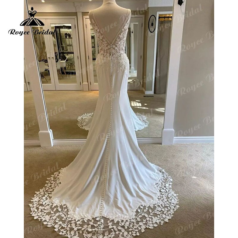 Roycebridal V Neck Lace Cut-out Backless Mermaid/Trumpet Wedding Dress with Buttons Back Appliques 2025 Bridal Gowns Custom Made Vestido