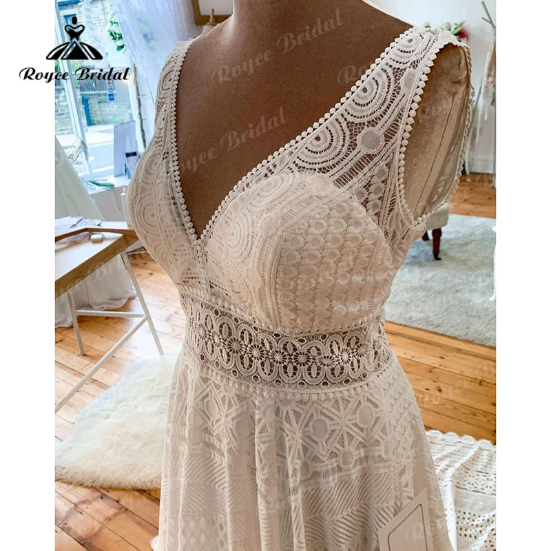 Roycebridal V Neck Sleeveless Full Lace A Line Boho Wedding Dress Backless 2025 Vintage vestido de novia sin espalda Wedding Gowns for Women