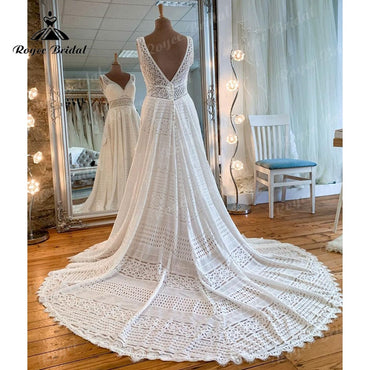 Roycebridal V Neck Sleeveless Full Lace A Line Boho Wedding Dress Backless 2025 Vintage vestido de novia sin espalda Wedding Gowns for Women