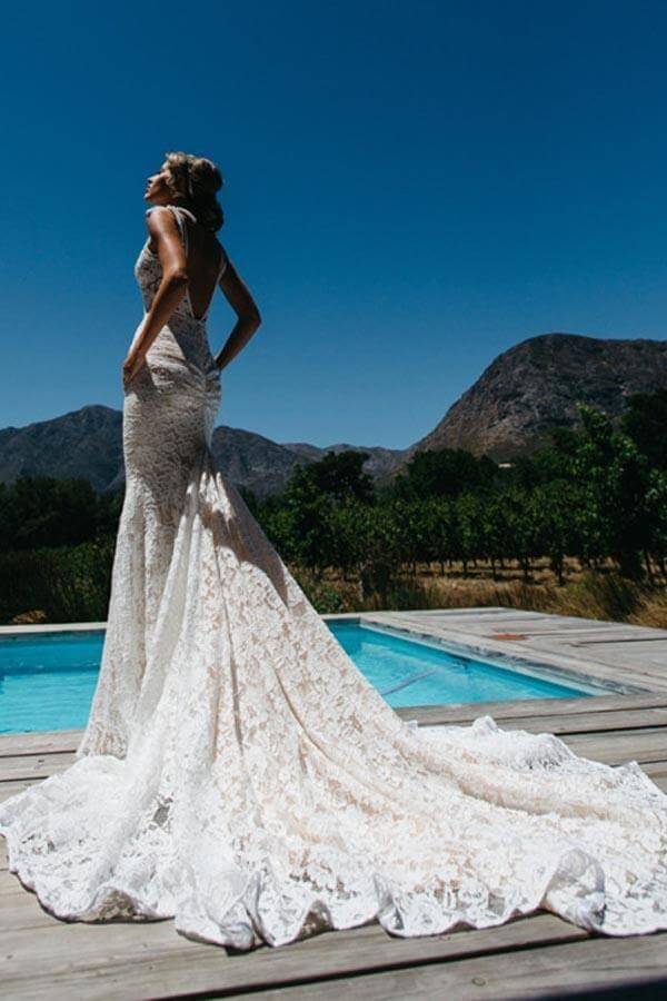 V-neck Sleeveless Mermaid Backless Lace Pocket Wedding Dress With Court Train,MW398 | lace wedding dress | mermaid wedding dresses | cheap wedding dresses | bridal gowns | bridal dress | www.musebridals.com