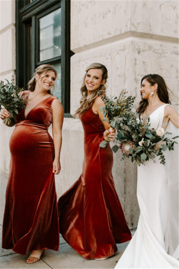 Roycebridal Mermaid Long Velvet Bridesmaid Dresses Deep V Neck Sleeveless