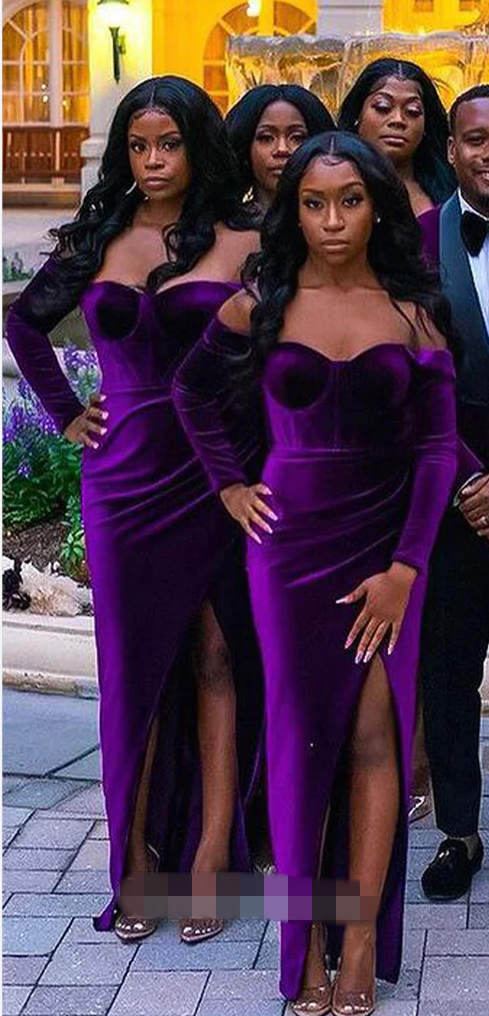 Roycebridal Velvet Purple Bridesmaid Dresses Long Sleeves Mermaid Formal Wedding Guest Dress