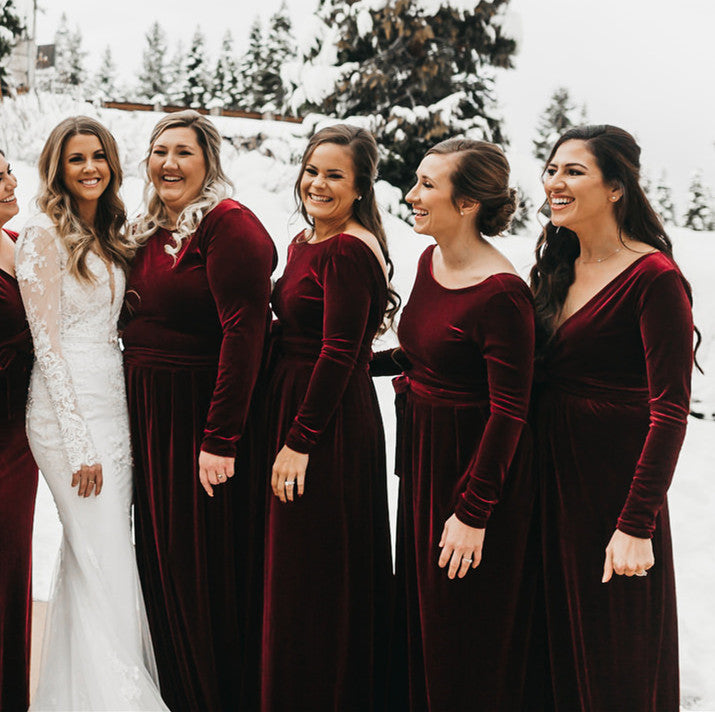 Roycebridal Long Sleeves Burgundy Velvet Bridesmaid Dresses for Fall Winter Wedding