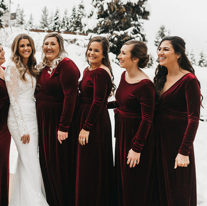 Roycebridal Long Sleeves Burgundy Velvet Bridesmaid Dresses for Fall Winter Wedding