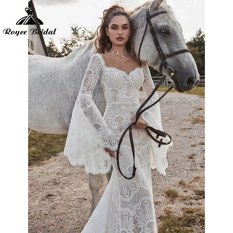 Vestido Boheme Mermaid Boho Wedding Dress Long Flare Sleeve Backless V Neck Lace Bridal Gown Vestido de Noiva Roycebridal