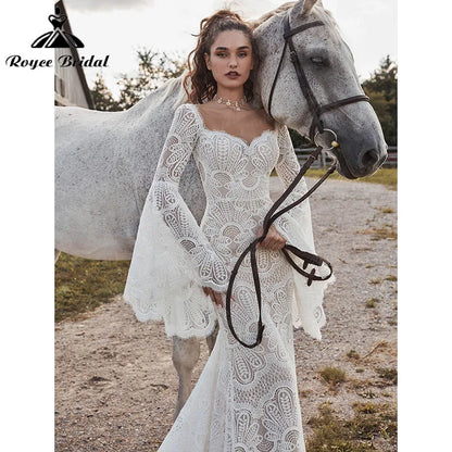 Vestido Boheme Mermaid Boho Wedding Dress Long Flare Sleeve Backless V Neck Lace Bridal Gown Vestido de Noiva Roycebridal 2022