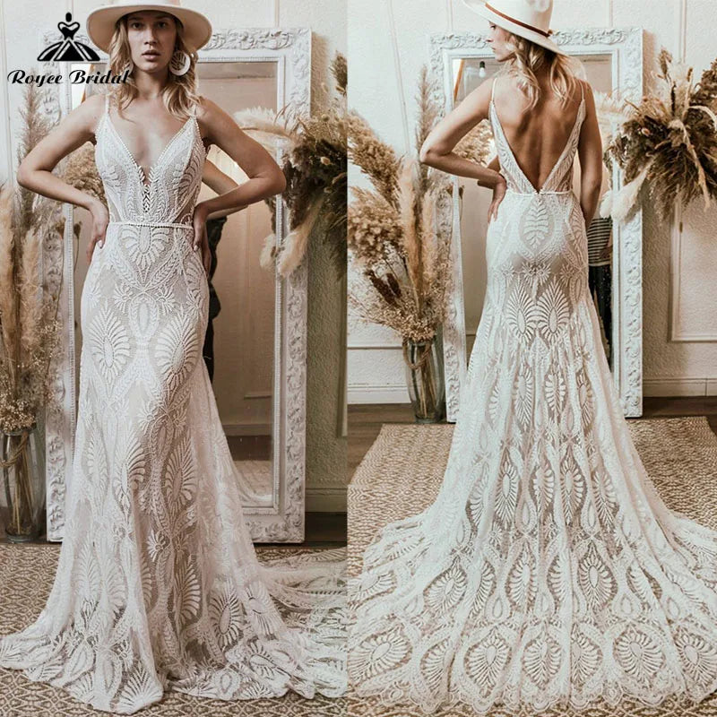 Vestido Bohemian Wedding Dress V Neck Lace Boho Spaghetti Straps Backless Beach Bridal Gowns Vestido de novia Roycebridal