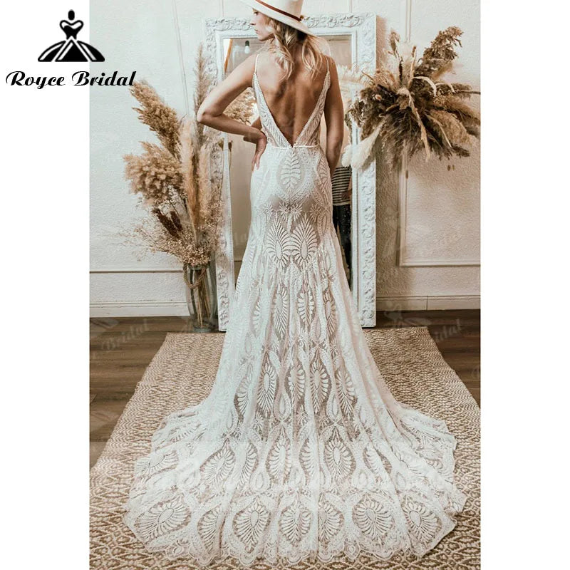 Vestido Bohemian Wedding Dress V Neck Lace Boho Spaghetti Straps Backless Beach Bridal Gowns Vestido de novia Roycebridal