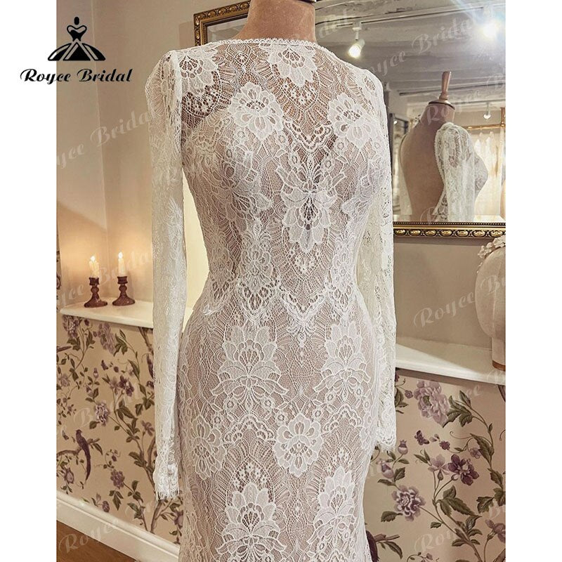 Roycebridal Vestido Boho Mermaid/Trumpet Wedding Dress Long Sleeve Lace Backless Sweep Train Wedding Party Gowns vestido de fiesta de boda