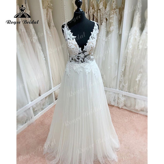 Roycebridal Vestido De Noiva A Line Wedding Dress Open Back V Neck Lace Applique Beach Party Bridal Gown vestido de novia sin espalda 2025