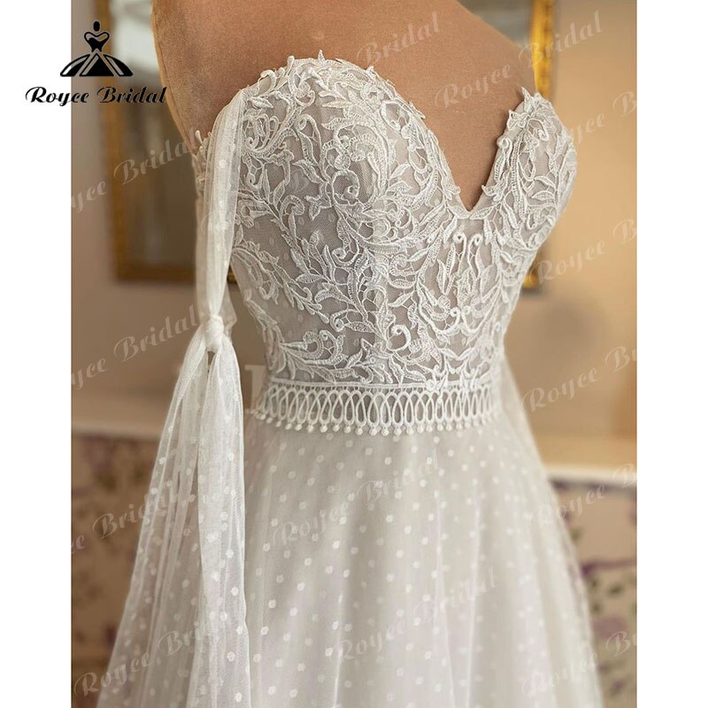 Roycebridal Vestido Novia A Line Wedding Dress Lace Applique Off the Shoulder Sweetheart Polka Dots Tulle Bridal Gowns Robe de mariée 2022