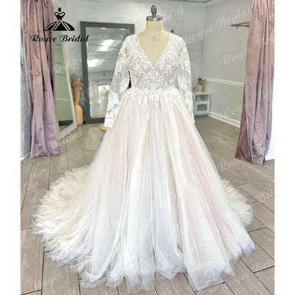 Vestido Novia Long Sleeve Lace Plus Size Backless V Neckline Wedding Dress for Bride  Appliques Women Wedding Gown gelinlik