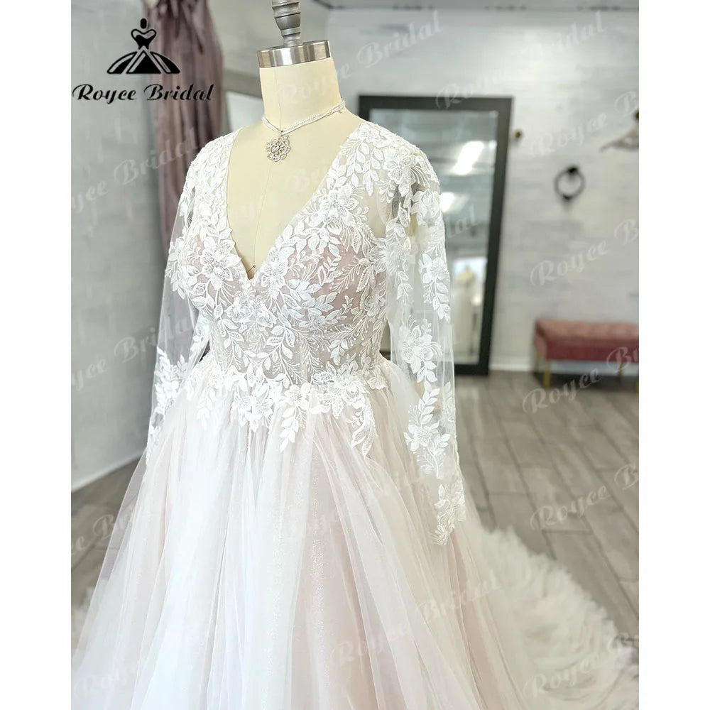 Vestido Novia Long Sleeve Lace Plus Size Backless V Neckline Wedding Dress for Bride  Appliques Women Wedding Gown gelinlik