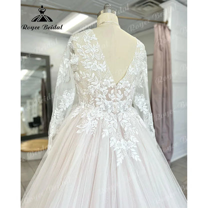 Vestido Novia Long Sleeve Lace Plus Size Backless V Neckline Wedding Dress for Bride  Appliques Women Wedding Gown gelinlik