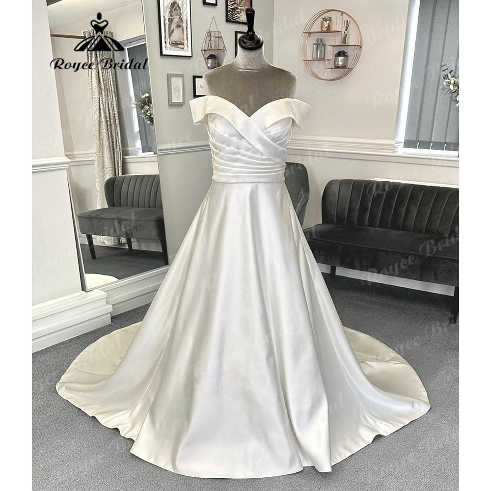 Roycebridal Vestido Novia Pleats Off Shoulder Soft Satin Wedding Dress with Cap Sleeve 2024 Bridal Gwon for Women robe mariage femme Elegant