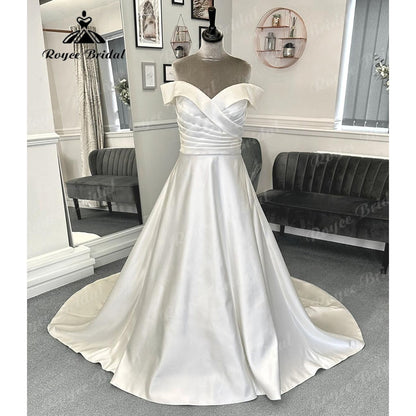 Roycebridal Vestido Novia Pleats Off Shoulder Soft Satin Wedding Dress with Cap Sleeve  Bridal Gwon for Women robe mariage femme Elegant