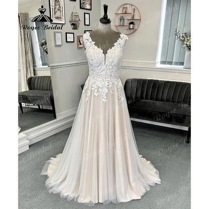 Vestido Novia Robe Civil Lace Beach Champagne Wedding Dress with V Neck  Women Bridal Gown Robe de mariee Summer Roycebridal