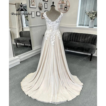 Vestido Novia Robe Civil Lace Beach Champagne Wedding Dress with V Neck  Women Bridal Gown Robe de mariee Summer Roycebridal