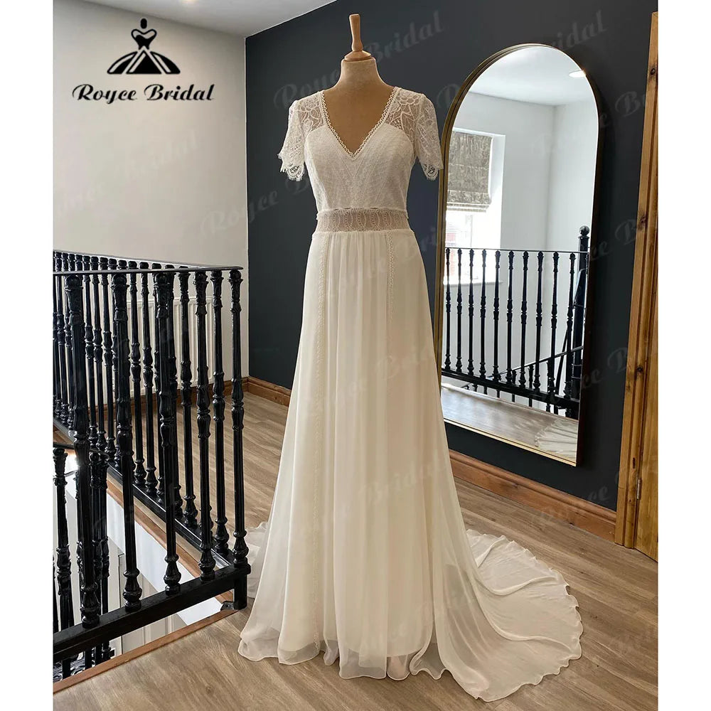 Vestido Novia Summer Bohemian Lace Chiffon Boho V Neck Wedding Gown for Women  Robe Chic Wedding Dress with Short Sleeve