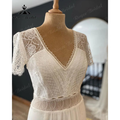 Vestido Novia Summer Bohemian Lace Chiffon Boho V Neck Wedding Gown for Women 2024 Robe Chic Wedding Dress with Short Sleeve