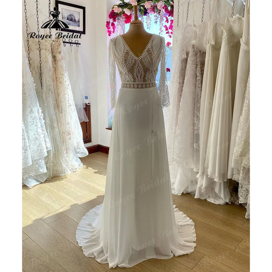 Vestido Novia V Neck Lace Bodice Boho Bohemian Beach Split Side Wedding Gown for Bride 2024 Wedding Dress for Women Roycebridal