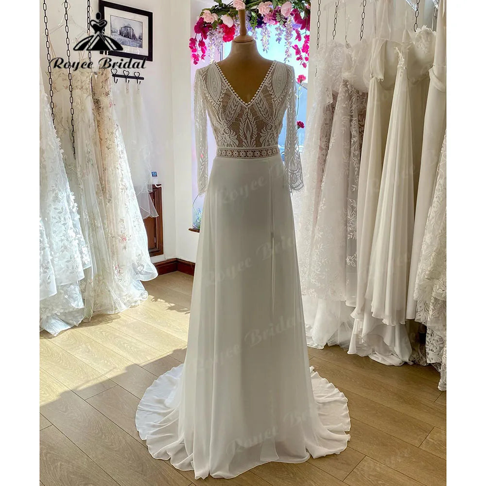 Vestido Novia V Neck Lace Bodice Boho Bohemian Beach Split Side Wedding Gown for Bride 2024 Wedding Dress for Women Roycebridal