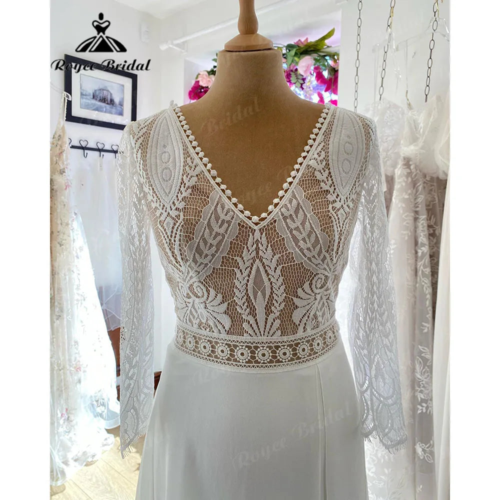 Vestido Novia V Neck Lace Bodice Boho Bohemian Beach Split Side Wedding Gown for Bride 2024 Wedding Dress for Women Roycebridal