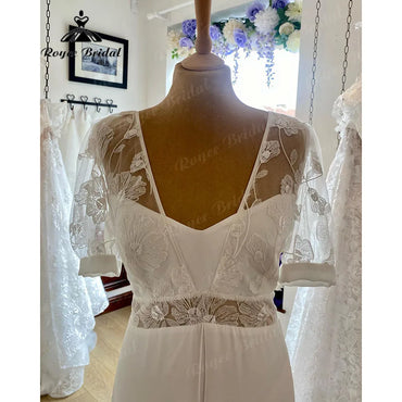 Vestidos Boheme Lace Boho Beach V Neck Chiffon Wedding Dress with Puff Short Sleeve  Summer Bridal Gown robes de mariée Sexy