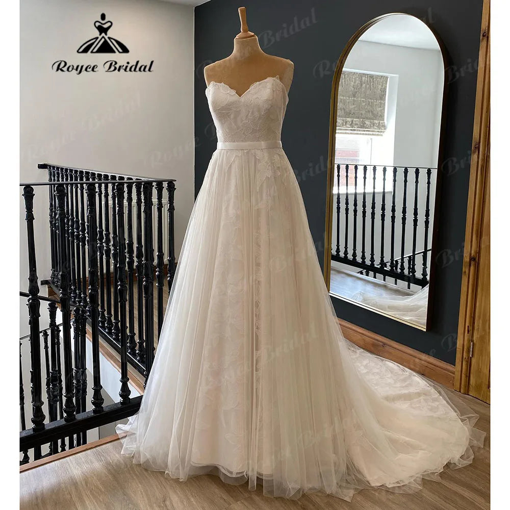 Vestidos Country Off Shoulder Lace Floral Women Wedding Gown  A Line Bridal Dress Custom Made Robe De Mariée Roycebridal