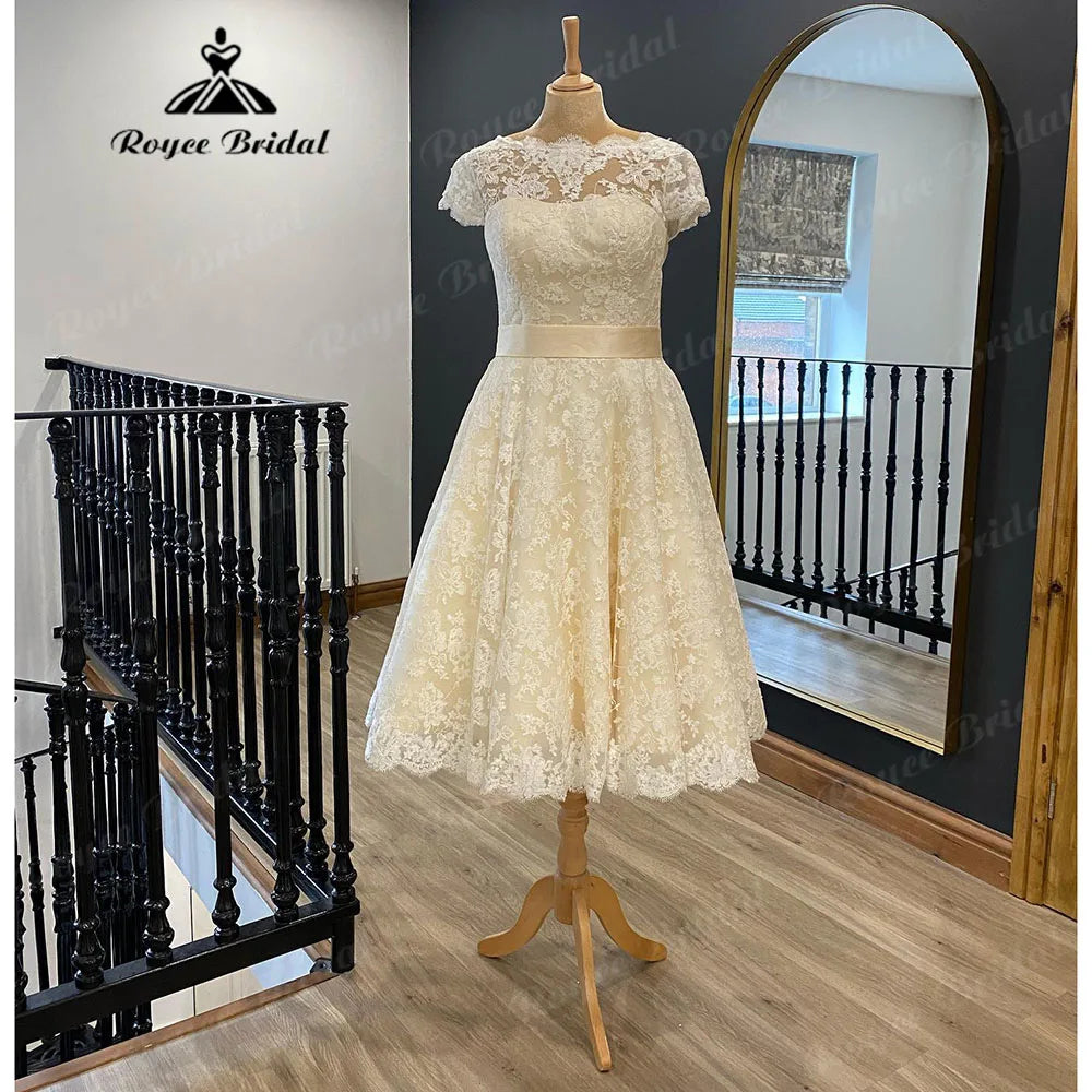 Vestidos Full Lace Short Knee-Length Wedding Dress for Women 2024 Short Sleeve Bridal Gown vestido de novia corto Roycebridal