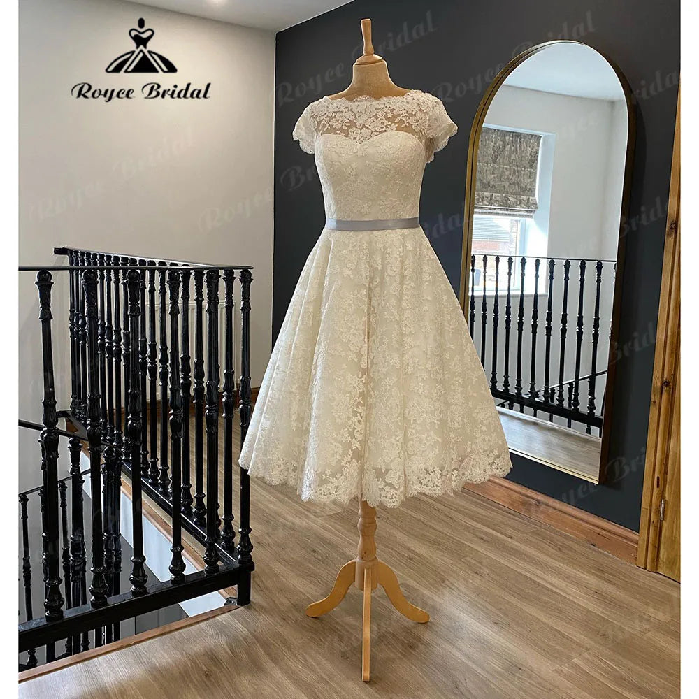 Vestidos Full Lace Short Knee-Length Wedding Dress for Women 2024 Short Sleeve Bridal Gown vestido de novia corto Roycebridal