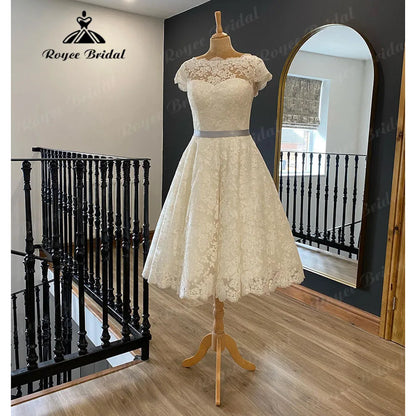 Vestidos Full Lace Short Knee-Length Wedding Dress for Women  Short Sleeve Bridal Gown vestido de novia corto Roycebridal