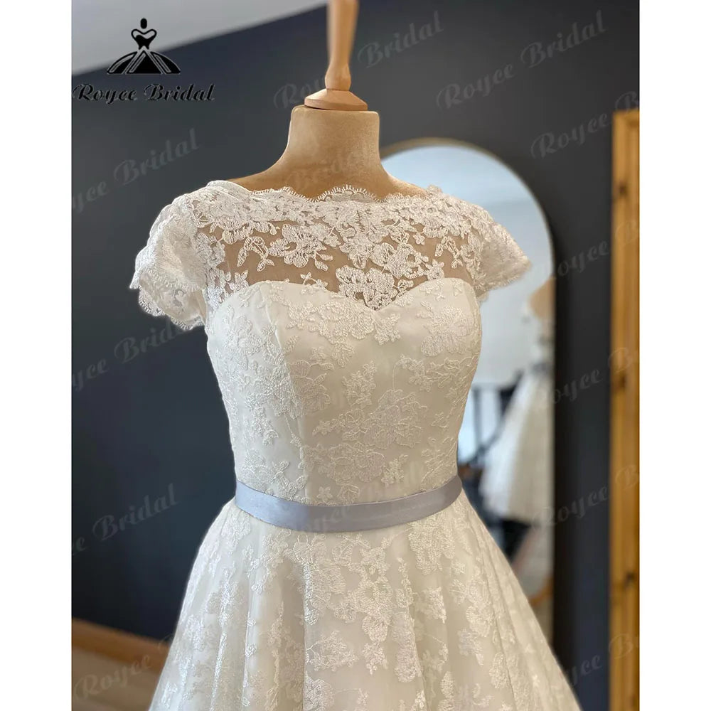 Vestidos Full Lace Short Knee-Length Wedding Dress for Women  Short Sleeve Bridal Gown vestido de novia corto Roycebridal