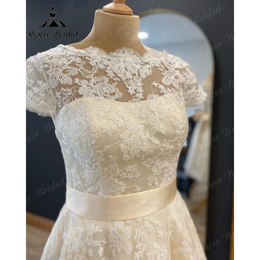 Vestidos Full Lace Short Knee-Length Wedding Dress for Women 2024 Short Sleeve Bridal Gown vestido de novia corto Roycebridal