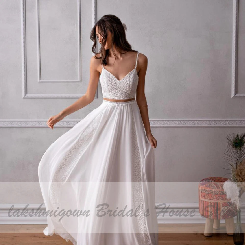 Roycebridal Vestidos Two Piece Wedding Dress for Chic Boho Bridal Reception Wedding Party Gowns 2020 Trouwjurk Lace Beach Wedding Dresses