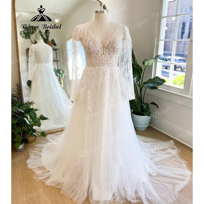 Roycebridal Vinatge Boho Lace Long Sleeve Bridal Wedding Gown with V Neck 2025 Appliques Wedding Dress for Women vestido de fiesta de boda