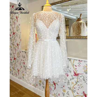 Roycebridal Vinatge Dot Tulle Long Sleeve Princess Boho Short Wedding Dress for Women 2025 Bridal Reception Dress Women robe de soirée femme