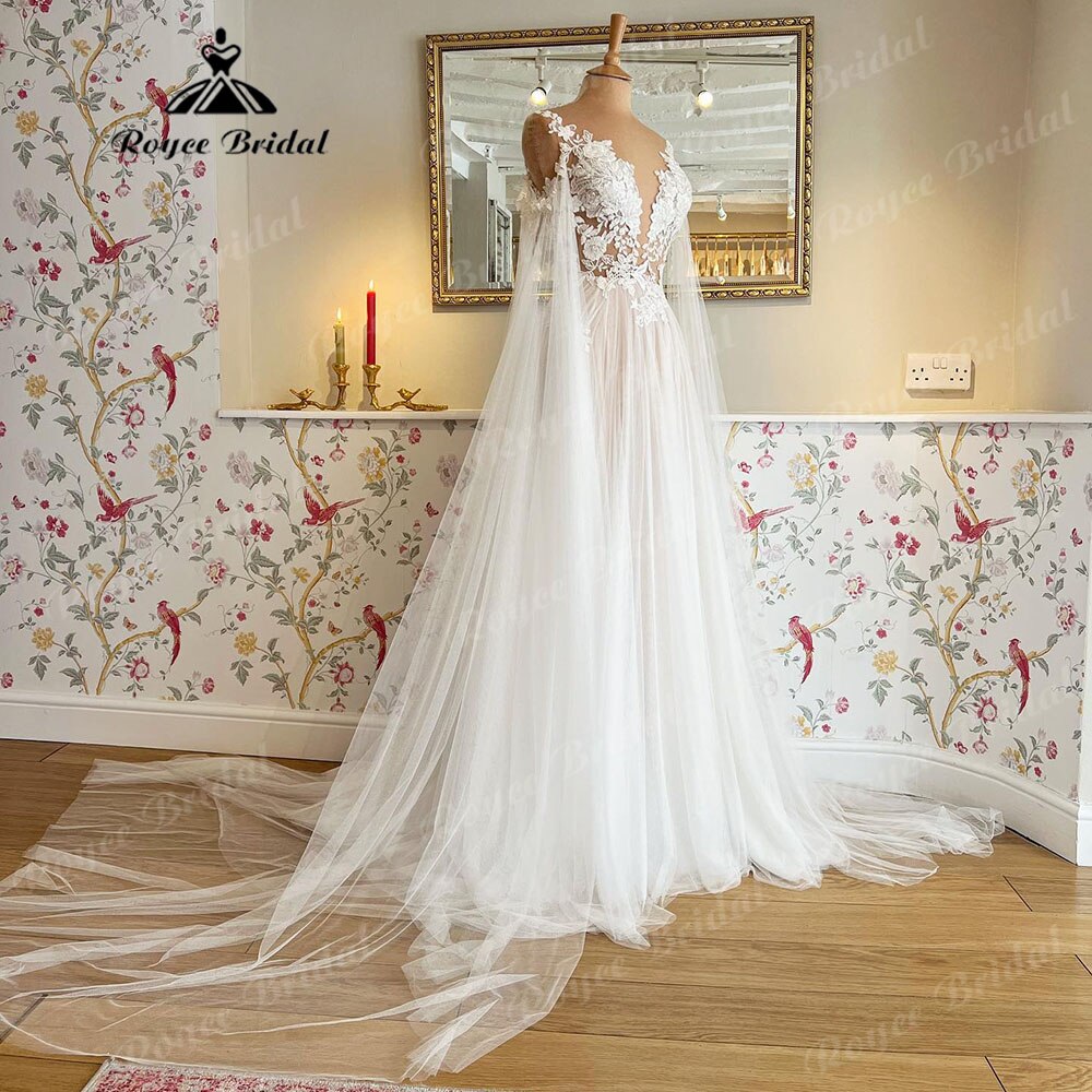 Roycebridal Vinatge Floral Lace Appliques Transparent Illusion Wings Wedding Dress with Detachable Sleeves robe de soirée de mariage 2025