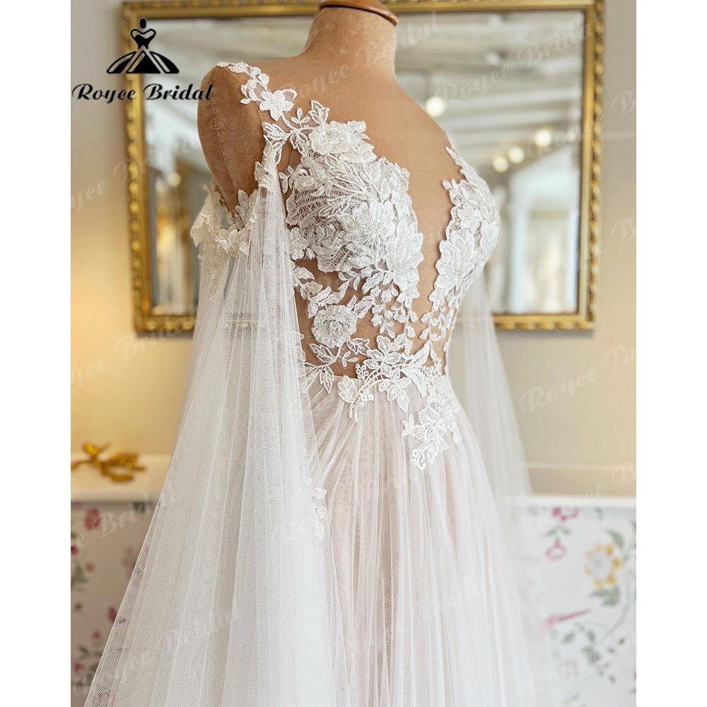 Roycebridal Vinatge Floral Lace Appliques Transparent Illusion Wings Wedding Dress with Detachable Sleeves robe de soirée de mariage 2025