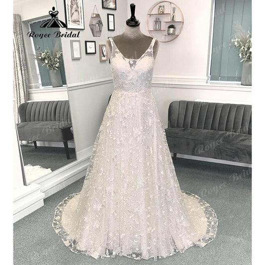 Vinatge Full Lace V Neck Open Back Wedding Dress for Women 2024 Sleeveless A Line Bridal Gown Custom Made robe de mariée Sexy