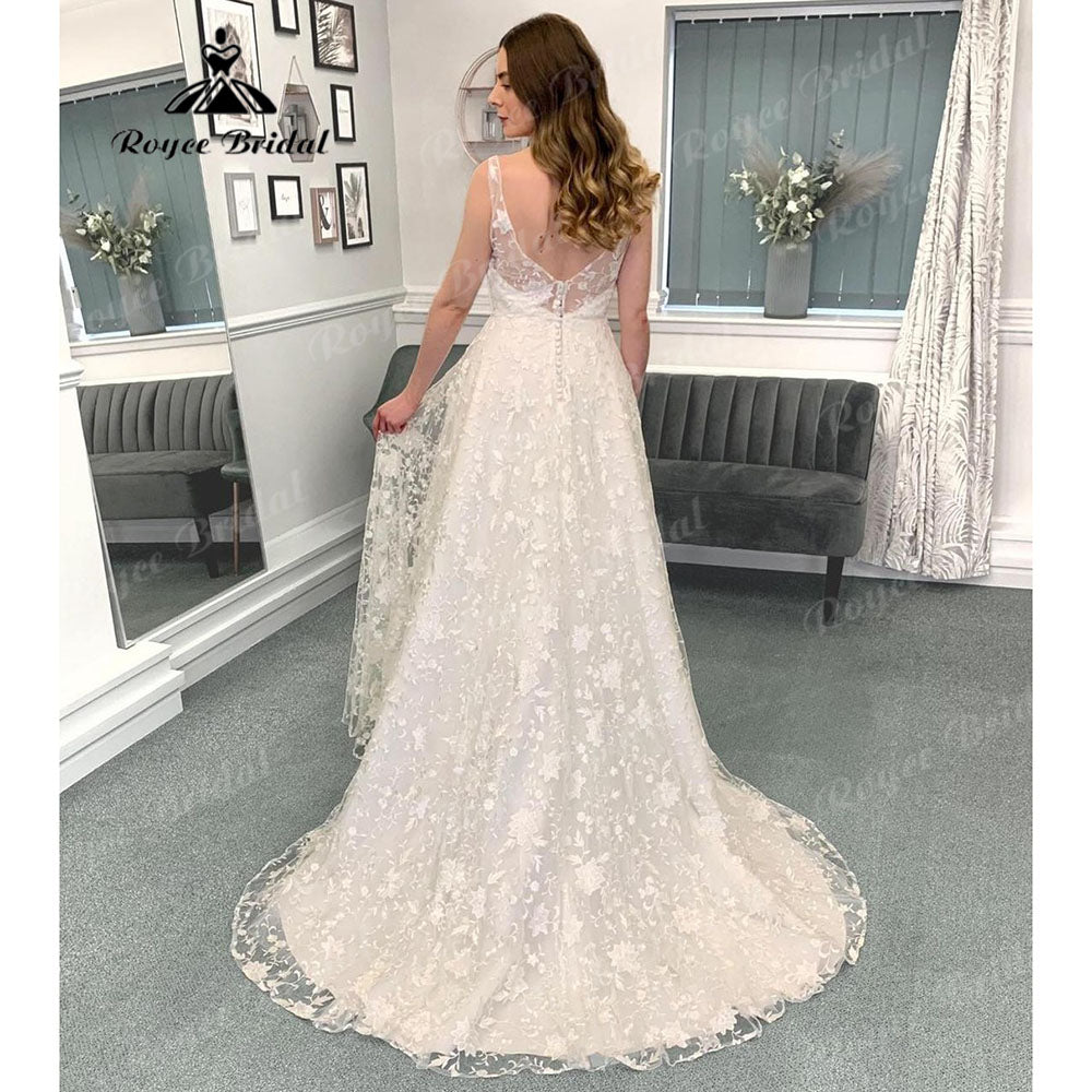 Vinatge Full Lace V Neck Open Back Wedding Dress for Women 2024 Sleeveless A Line Bridal Gown Custom Made robe de mariée Sexy