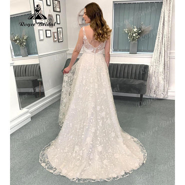 Vinatge Full Lace V Neck Open Back Wedding Dress for Women  Sleeveless A Line Bridal Gown Custom Made robe de mariée Sexy